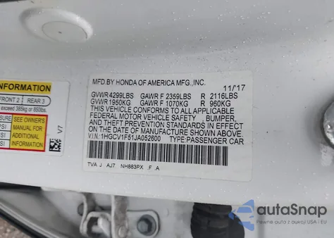 2018 Honda Accord Ex-L from USA, damaged, VIN 1HGCV1F51JA052600